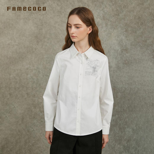 Famecoco范可儿长袖棉胺衬衫基础百搭刺绣气质衬衣FAC6BH003 商品图1