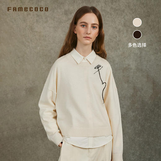 Famecoco范可儿短款圆领套头毛衫休闲高级手工绣花FAC6DB012 商品图0