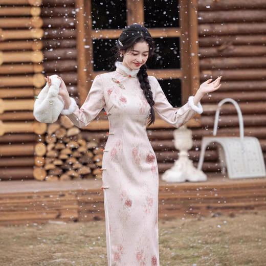 冬款雪尼尔复合超柔加绒加厚粉色少女旗袍SJT711 商品图1