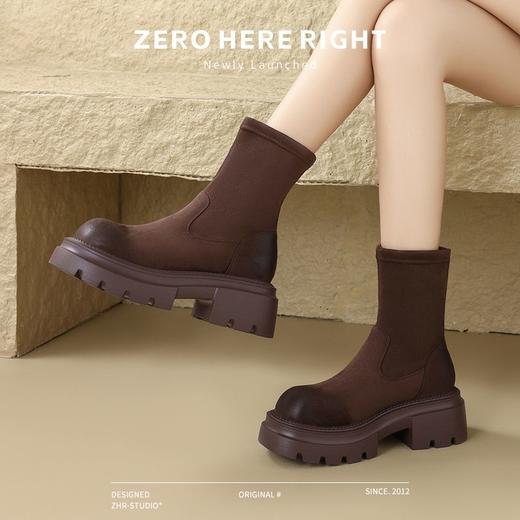 ZHR粗跟短靴女鞋冬季薄绒咖色袜靴2024新款保暖弹力瘦瘦靴马丁靴 商品图3