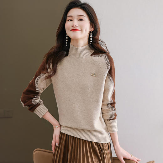 CC-101-90925半高领拼色羊毛毛衣女秋冬新款厚款慵懒风宽松时尚洋气针织上衣 商品图1