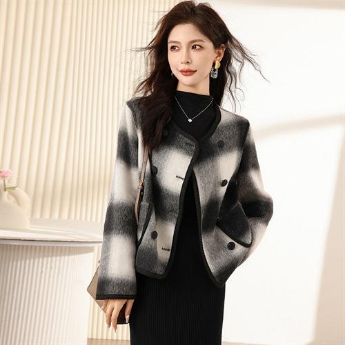 黑白格子双面羊毛呢大衣2024秋冬新款双排扣短款毛呢外套HR-SLYY9215 商品图4