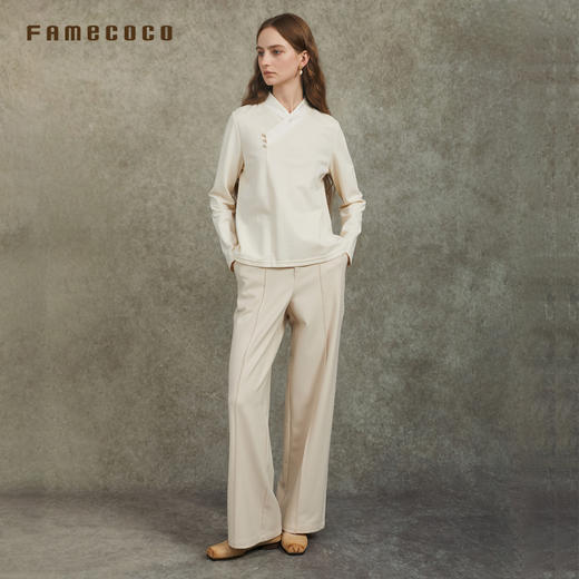 Famecoco范可儿直筒宽松休闲裤国风盘扣松紧腰长裤FAC6GA009 商品图2