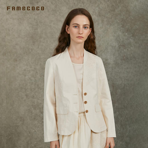 Famecoco范可儿西服外套无领短款西装刺绣*高级感FAC6AW013 商品图1