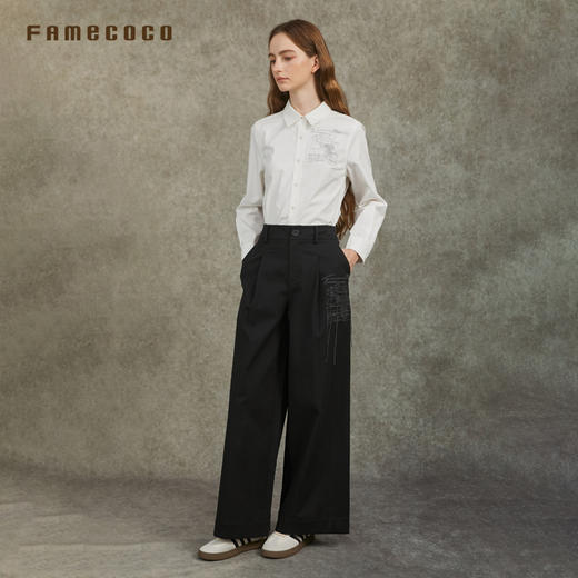 Famecoco范可儿天丝棉宽松阔腿裤立体绣花肌理感长裤FAC6GA015 商品图2