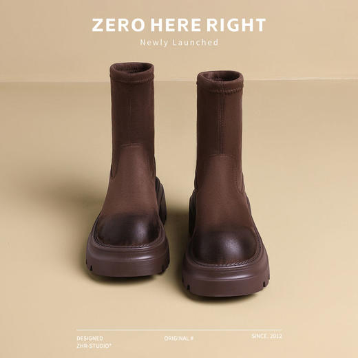 ZHR粗跟短靴女鞋冬季薄绒咖色袜靴2024新款保暖弹力瘦瘦靴马丁靴 商品图8