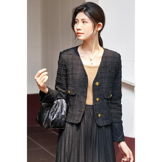 【复古小香外套】米思阳2026春季法式赫本格纹柔软弹力蕾丝面料 定制金葱混纺格纹1914 商品图2