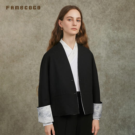 Famecoco范可儿双面穿国风短外套深V领宽松中式上衣FAC6AB005 商品图3