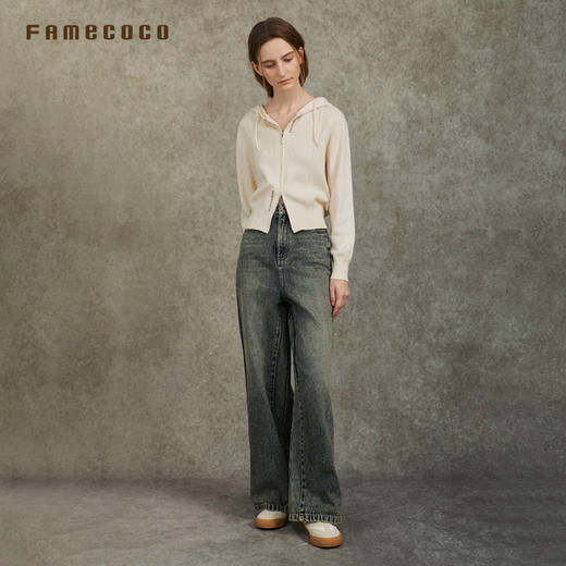 Famecoco范可儿显瘦高腰直筒牛仔裤复古水洗做旧宽松FAC6GA018 商品图2