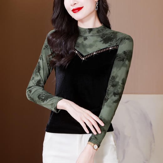 雀说印花水溶针织拼接丝绒打底衫新款时尚洋气半高领减龄上衣AL299 商品图0