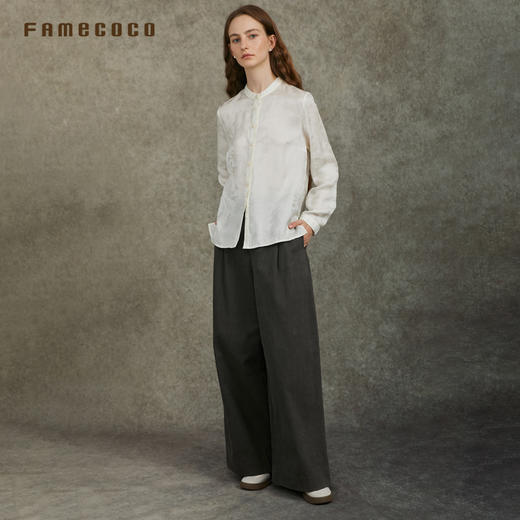 Famecoco范可儿人丝混纺正肩衬衣暗纹提花缎面衬衫FAC6BH004 商品图4