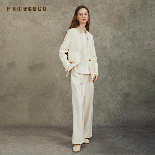 Famecoco范可儿无领宽松西装优雅珠边高级感正肩外套FAC6AW003 商品图2