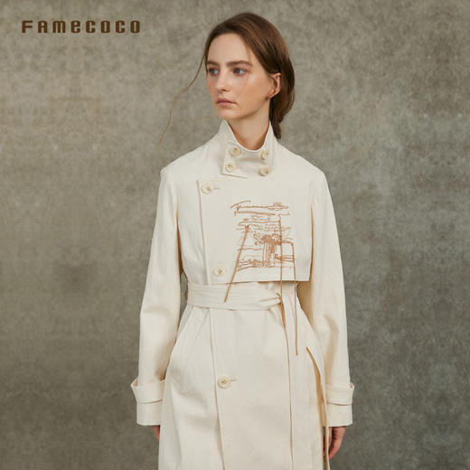Famecoco范可儿长款直筒风衣外套半高领刺绣通勤外套FAC6AT008 商品图3