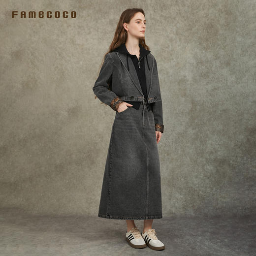 Famecoco范可儿复古牛仔套装V领短外套A字裙两件套FAC6EA003 商品图1