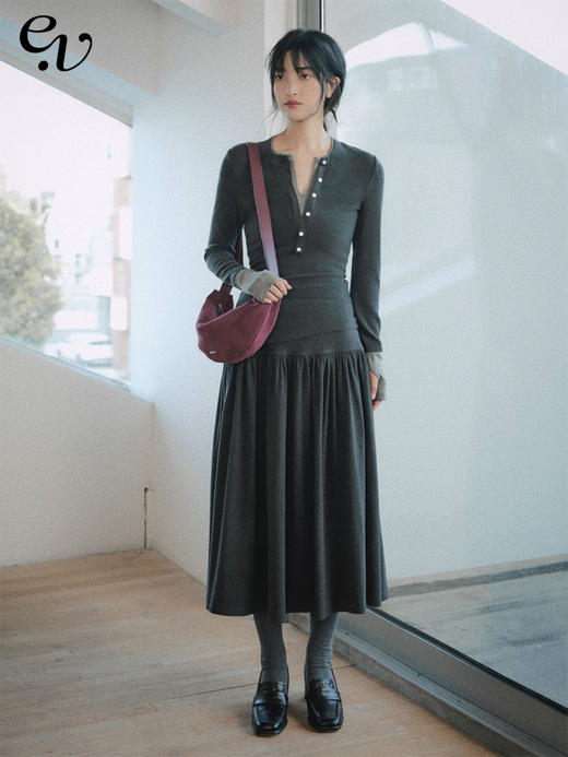 Even Vintage|都市简约 磨毛羊绒感亨利领假两件针织衫优雅半身裙 商品图0