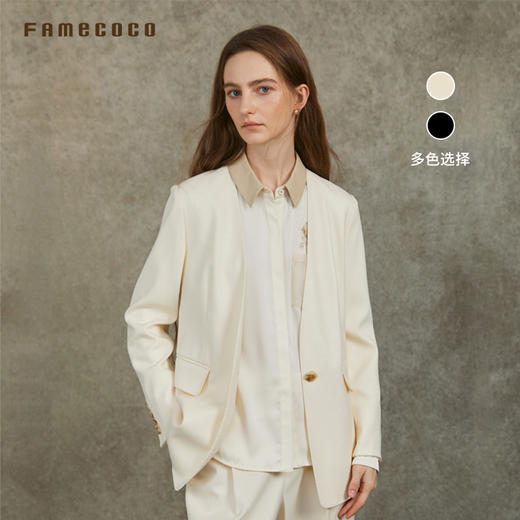 Famecoco范可儿无领宽松西装优雅珠边高级感正肩外套FAC6AW003 商品图0