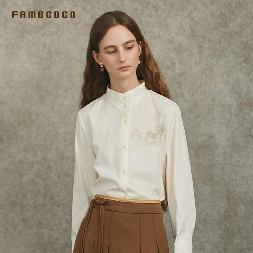 Famecoco范可儿天丝棉简约长袖衬衫高级国风山水印花FAC6BA007 商品图1