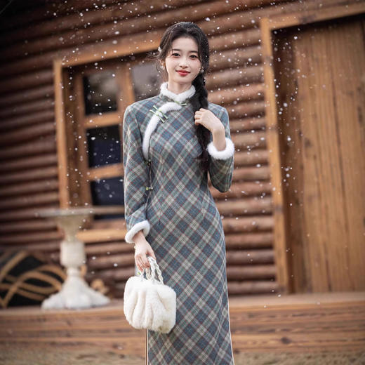 格纹云岚绒复合超柔，加毛加厚素雅修身旗袍SJT713 商品图2