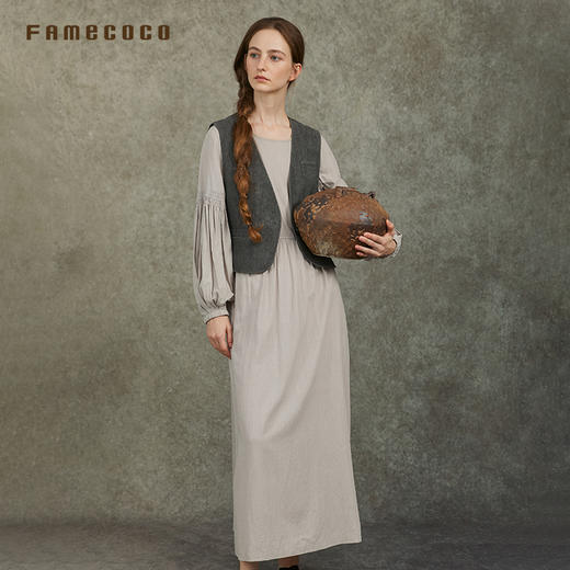 Famecoco范可儿炒色天丝复古连衣裙文艺范设计感显瘦FAC6FA012 商品图2