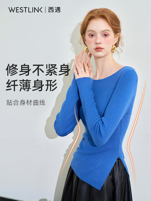 【31%绵羊毛】不规则开叉长袖毛衣女秋季套头针织上衣SS140620 商品图1