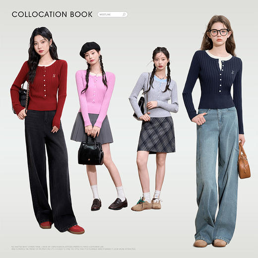 西遇长袖短款毛针织衫女新款修身弹力显瘦假两件毛衣D3642438 商品图1