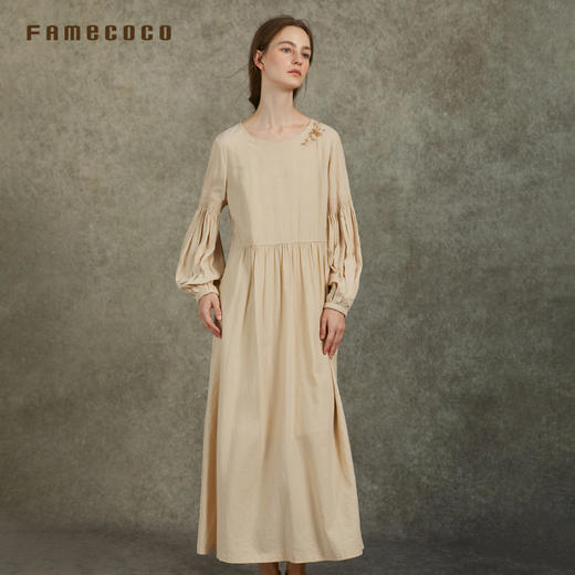 Famecoco范可儿炒色天丝复古连衣裙文艺范设计感显瘦FAC6FA012 商品图3