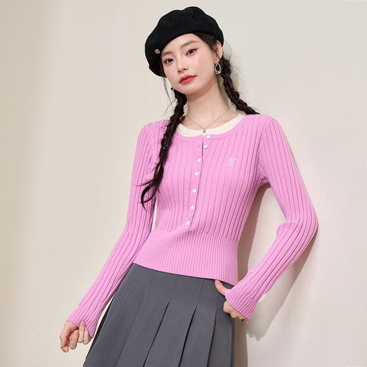 西遇长袖短款毛针织衫女新款修身弹力显瘦假两件毛衣D3642438 商品图3