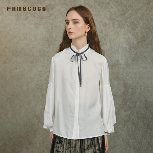 Famecoco范可儿天丝棉灯笼袖纯色衬衣减龄织带小立领FAC6BH017 商品图3