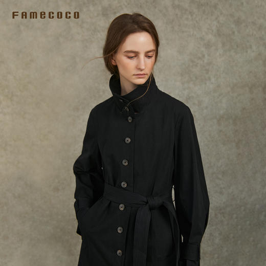 Famecoco范可儿风衣单排扣立领纯棉女通勤长款收腰FAC6AT010 商品图4