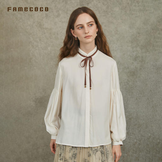 Famecoco范可儿天丝棉灯笼袖纯色衬衣减龄织带小立领FAC6BH017 商品图1