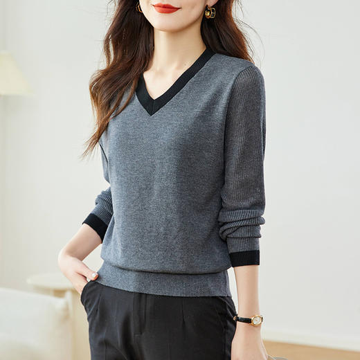 CC-MY-502    V领针织上衣女款早秋2024春秋拼色时尚洋气羊毛长袖毛衣打底衫女 商品图3