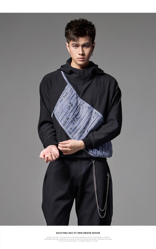 PINLI品立春季新款中国风拼接连帽卫衣男士国潮宽松休闲帽衫B243109070 商品图7