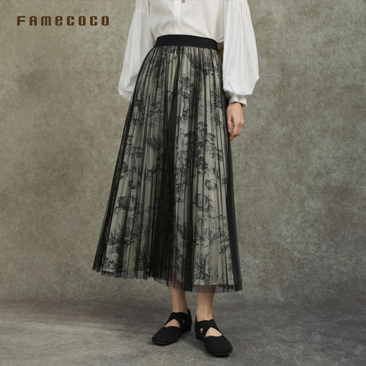 Famecoco范可儿国风水墨印花网纱半身裙轻盈显瘦长裙FAC6HA006 商品图3