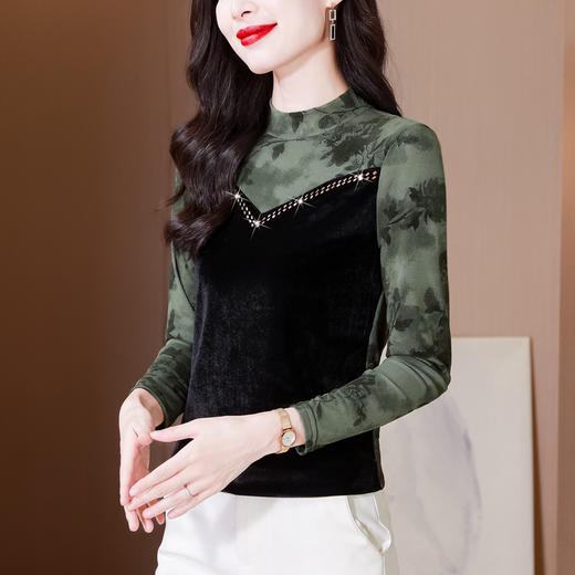 雀说印花水溶针织拼接丝绒打底衫新款时尚洋气半高领减龄上衣AL299 商品图5