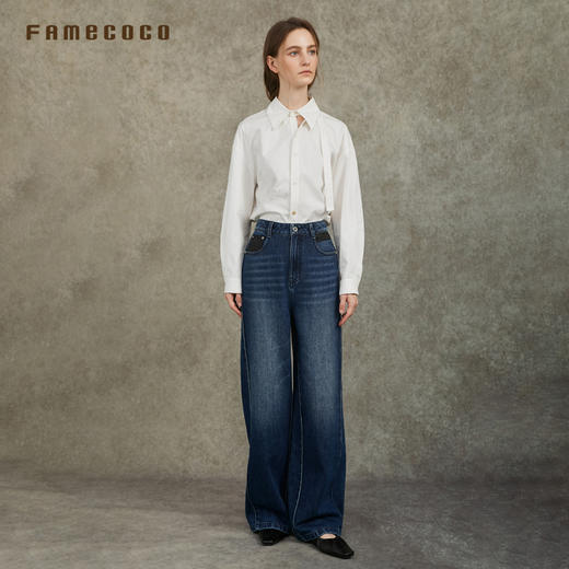 Famecoco范可儿显瘦高腰直筒牛仔裤复古水洗做旧宽松FAC6GA018 商品图4