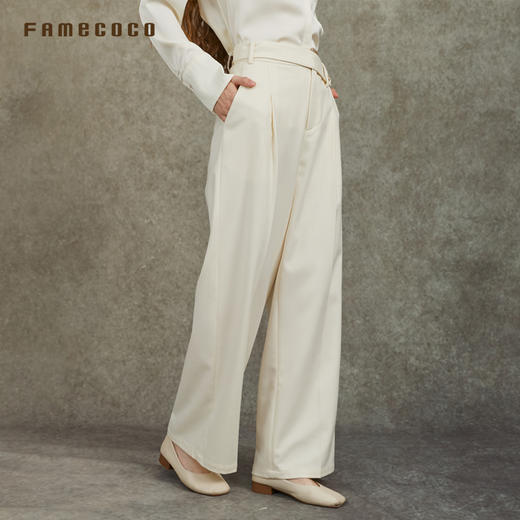 Famecoco范可儿羊毛直筒阔腿裤文艺通勤设计感腰头FAC6GA011 商品图1