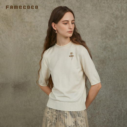 Famecoco范可儿圆领套头毛衫植物刺绣五分袖针织衫FAC6DC005 商品图1