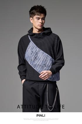 PINLI品立春季新款中国风拼接连帽卫衣男士国潮宽松休闲帽衫B243109070