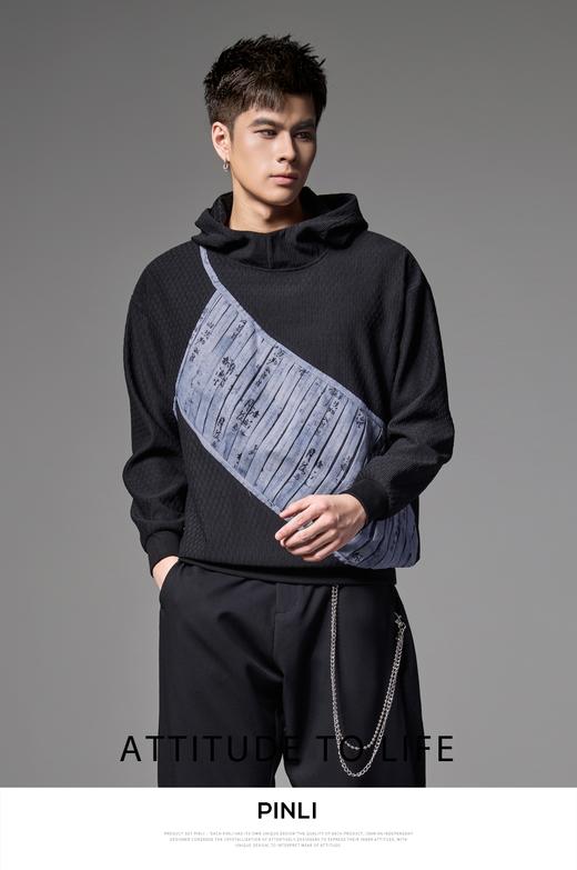PINLI品立春季新款中国风拼接连帽卫衣男士国潮宽松休闲帽衫B243109070 商品图0
