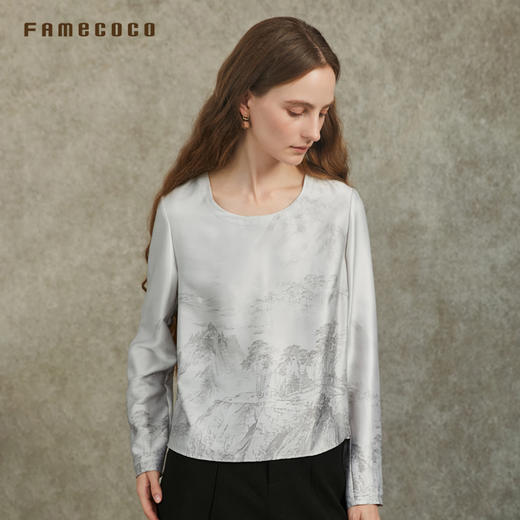 Famecoco范可儿圆领套头上衣国风山水印花锻感上衣FAC6BE002 商品图1