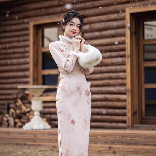 冬款雪尼尔复合超柔加绒加厚粉色少女旗袍SJT711 商品图3