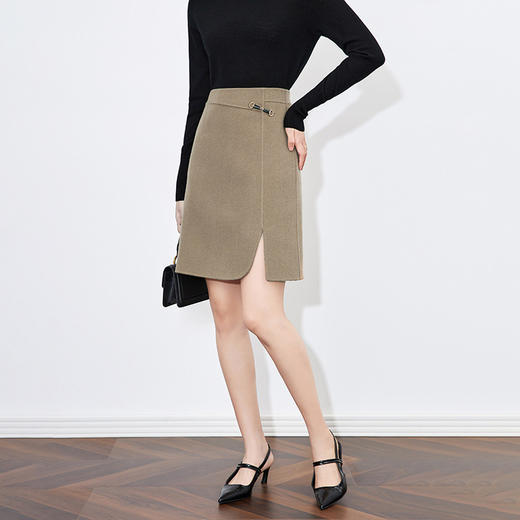 【高货wl】全新升级【铂金会员293/天猫399/差价106】(03815) 洛诗琳秋冬气质高腰通勤100羊毛双面呢包臀开衩显瘦半身裙 商品图1