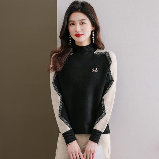 CC-101-90925半高领拼色羊毛毛衣女秋冬新款厚款慵懒风宽松时尚洋气针织上衣 商品图3