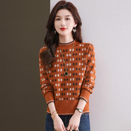 CC-101-59858半高领复古毛衣女秋冬2024厚款宽松提花气质内搭中领针织打底衫女 商品图1