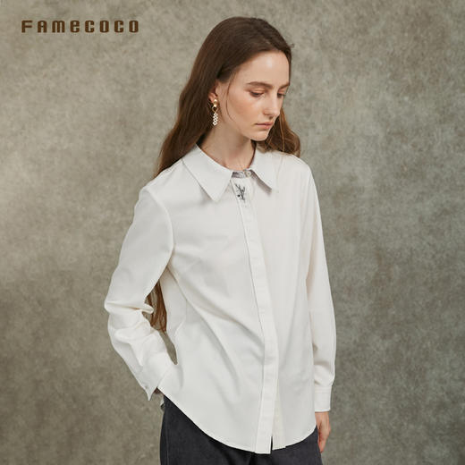 Famecoco范可儿正肩长袖衬衣气质通勤领口植物刺绣FAC6BH010 商品图1