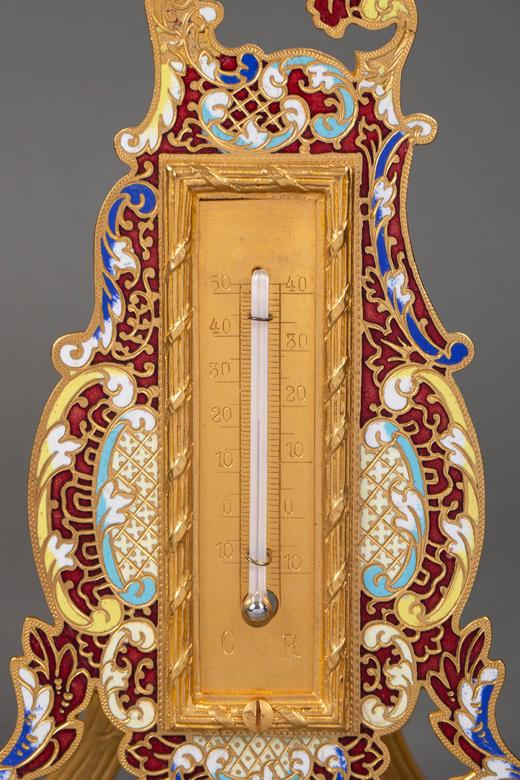 独角鹿西洋古董 1850-1870年代法国拿破仑三世时期出品铜鎏金装饰珐琅彩绘温度计 商品图2