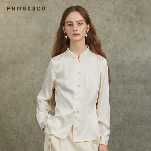 Famecoco范可儿缎感新中式衬衣气质高级国风长袖衬衫FAC6BH008 商品图1