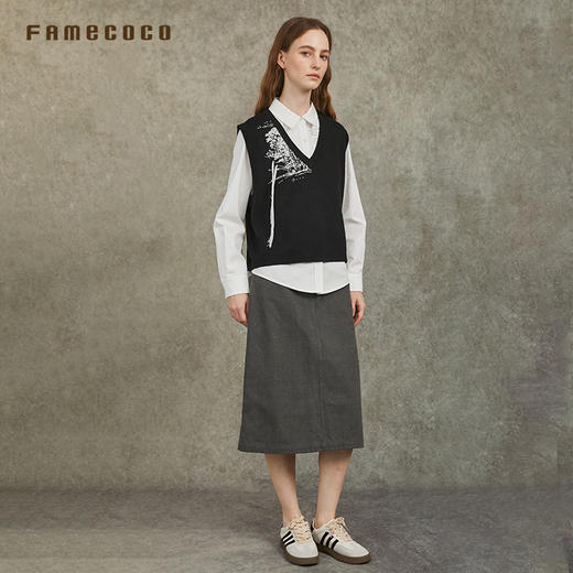 Famecoco范可儿肌理感粗斜半身裙简约高级感高腰直筒FAC6HA025 商品图4