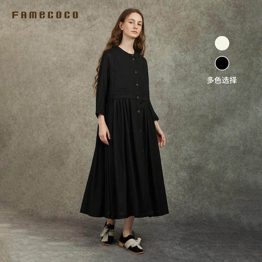 Famecoco范可儿天丝棉圆领长袖连衣裙文艺通勤长裙FAC6FA003 商品图0