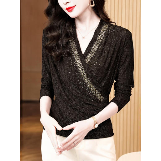 雀说亮丝网纱烫钻打底衫新款时尚洋气百搭交叉V领长袖小衫AL2827 商品图1